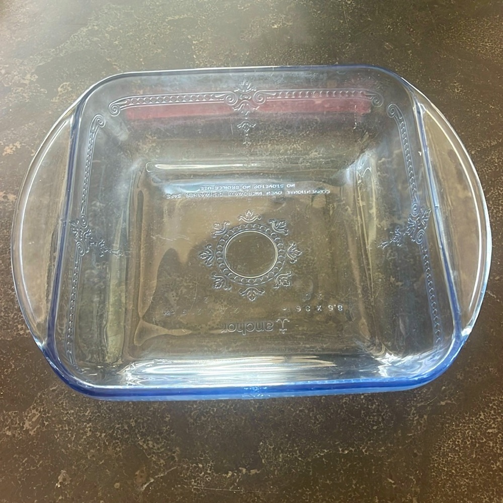 Vintage Anchor Blue Fire king blue etched glass  8.6” square Baker